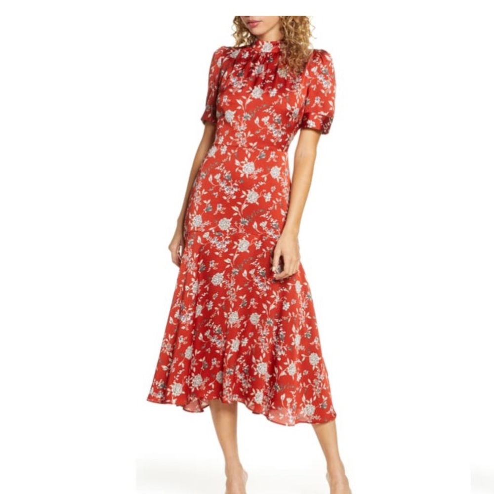 Chelsea28 Rust Floral Satin Midi Dress size M